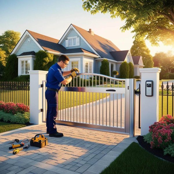 Automatic gate repair in progress by Auto Gate Guys Melbourne, technician servicing a residential swing gate with secure access system. Automatic gate repair in progress by Auto Gate Guys Melbourne, technician servicing a residential swing gate with secure access system.